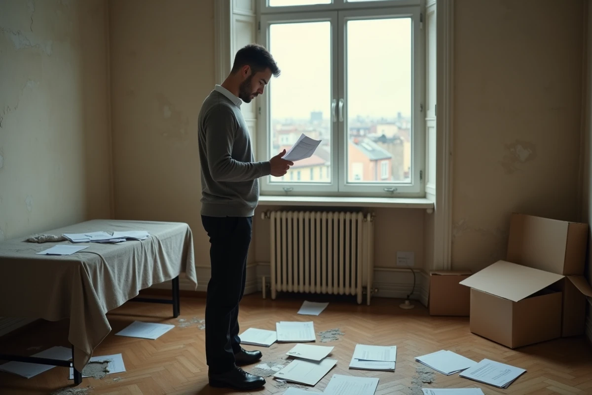 Jeune homme vérifiant des papiers dans un appartement vide