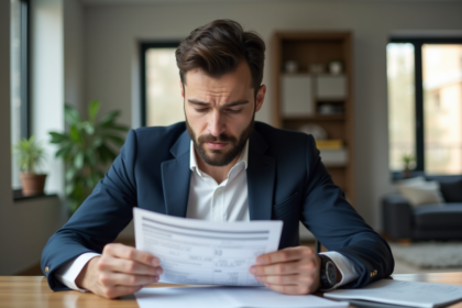 Jeune homme en costume examine un calculateur de prêt immobilier