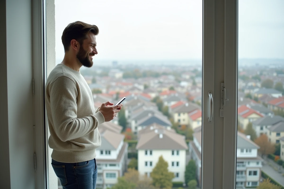 Jeune homme souriant regarde par la fenêtre d