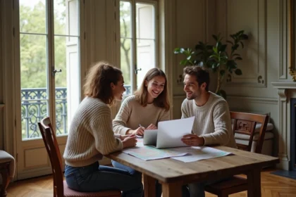 Trois jeunes adultes discutent autour d'une carte dans un salon parisien