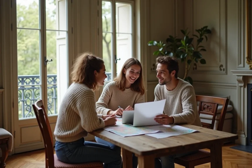 Trois jeunes adultes discutent autour d'une carte dans un salon parisien