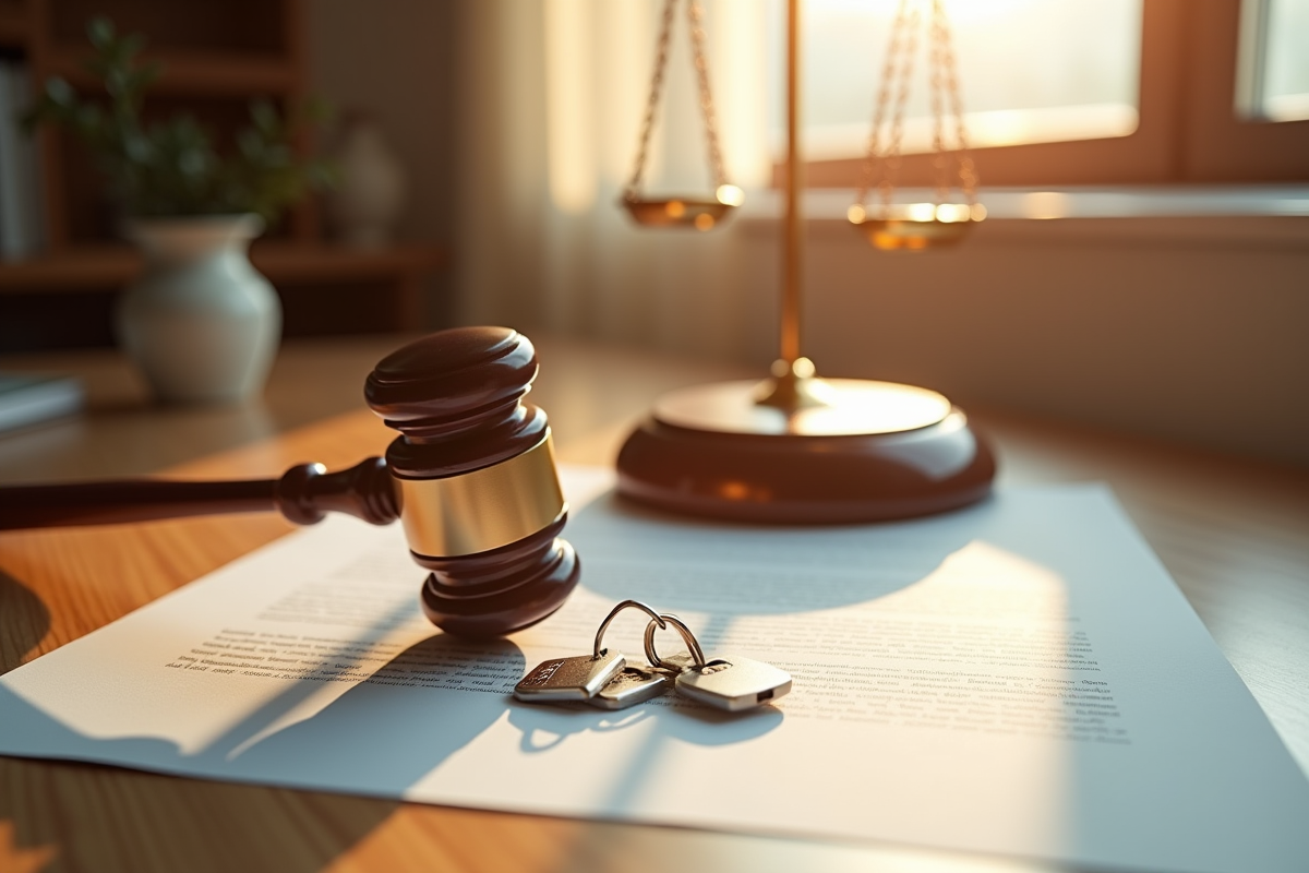 Gavel de juge sur un contrat avec clés de maison en lumière naturelle