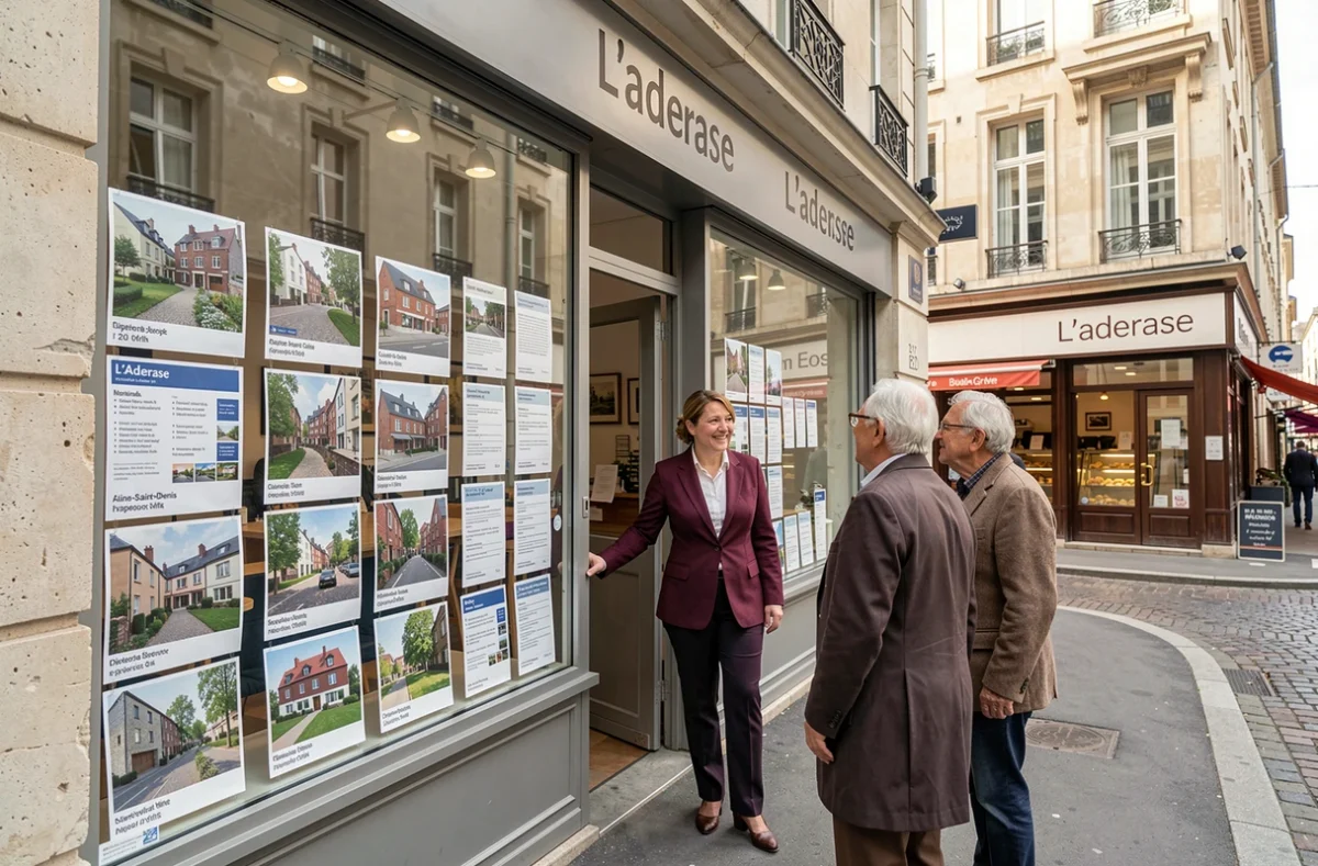 Agence L'Adresse ancrée localement dans une rue commerçante de Seine-Saint-Denis avec un agent accueillant des habitants du quartier
