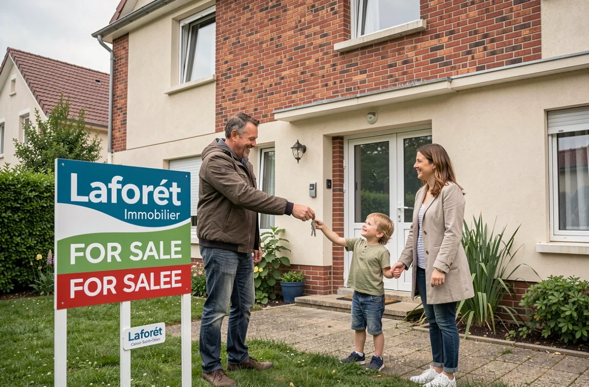 Agent Laforêt remettant les clés d'une maison familiale à une nouvelle propriétaire avec son enfant devant le pavillon