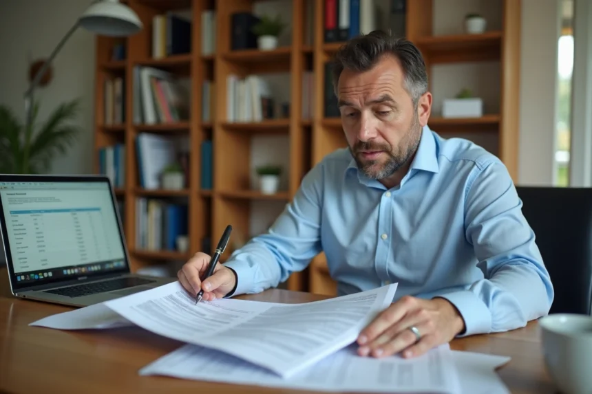 Propriétaire LMNP consultant des documents fiscaux et formulaires d'inscription RCS à son bureau à domicile