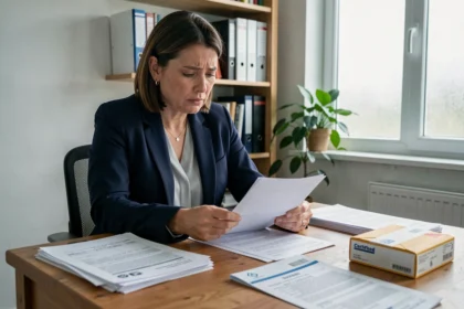 Locataire examinant des documents de consignation de loyer et des lettres recommandées sur un bureau en bois à domicile