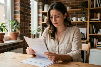 Locataire consultant son contrat d'assurance habitation à la table de sa cuisine dans un appartement loué