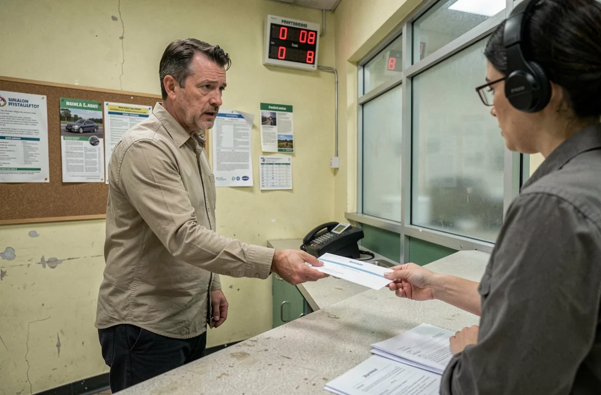 Locataire envoyant une lettre recommandée au bureau de poste pour consigner son loyer en bonne et due forme