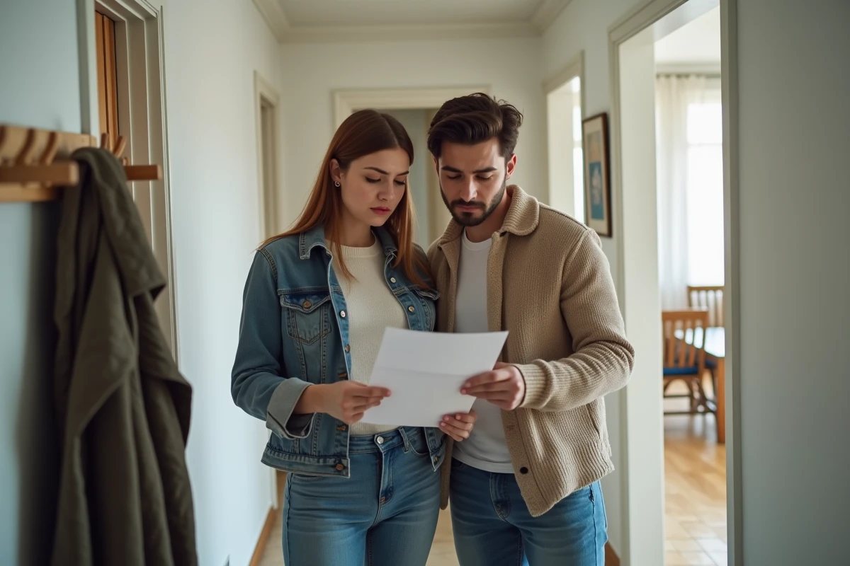 Couple de locataires lisant une notification de révision de loyer à l'entrée de leur appartement
