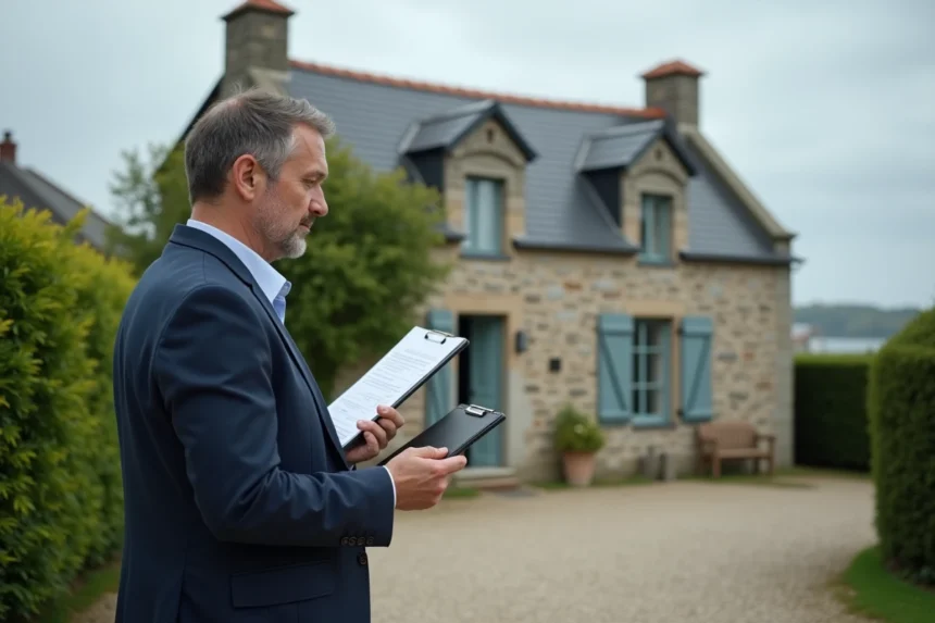 Agent immobilier devant une maison en pierre à vendre près de Saint-Nazaire avec panneau À Vendre