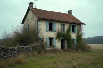 Vieille ferme abandonnée en pierre avec végétation envahissante dans la campagne française