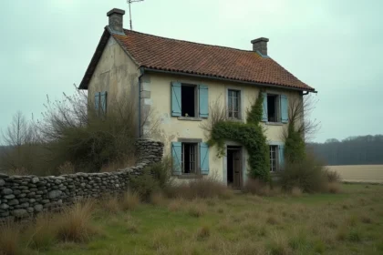 Vieille ferme abandonnée en pierre avec végétation envahissante dans la campagne française