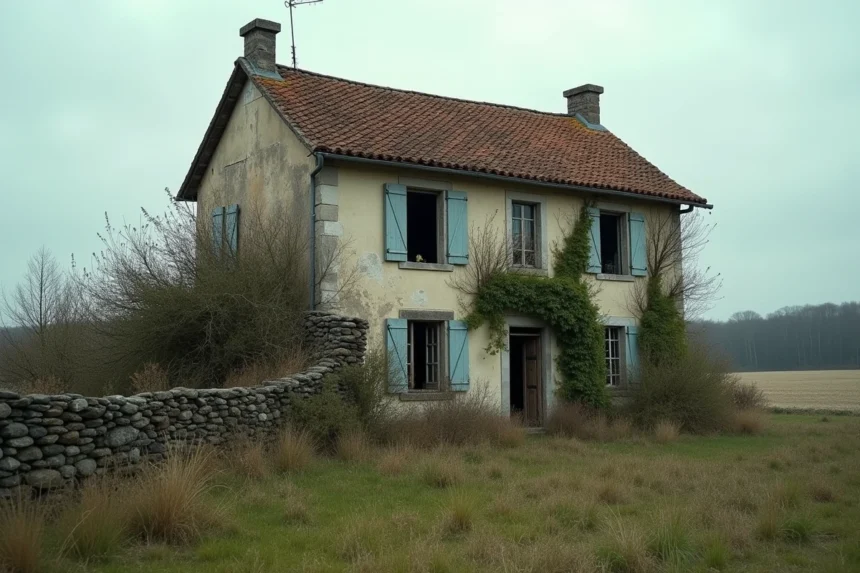 Vieille ferme abandonnée en pierre avec végétation envahissante dans la campagne française