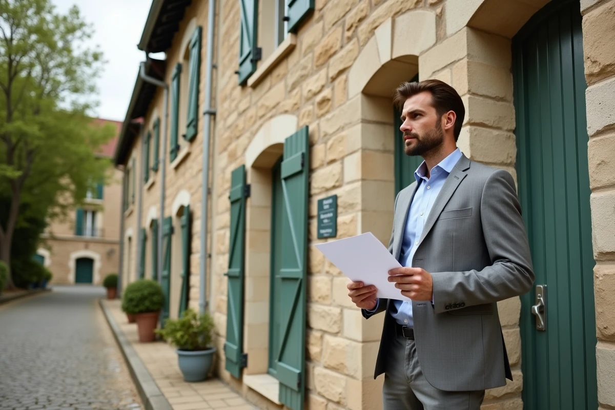Propriétaire devant une maison en pierre à vendre à Limoges avec un panneau de l'agence Dumoulin 87