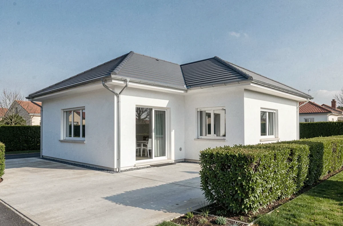 Maison individuelle contemporaine à façade blanche avec grand jardin aménagé, illustrant Maisons France Confort près de Toulouse