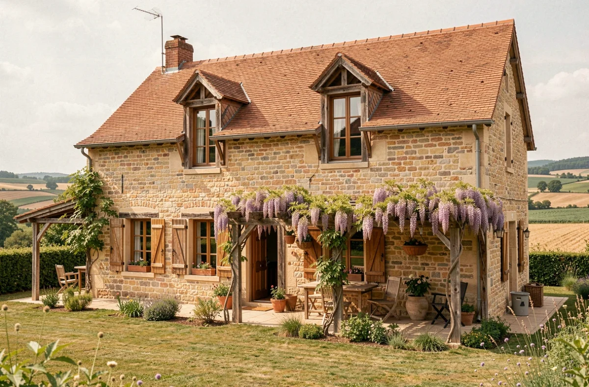 Maison de caractère en pierre avec pergola et toiture en tuiles, représentant Maisons Terre d'Oc en Haute-Garonne
