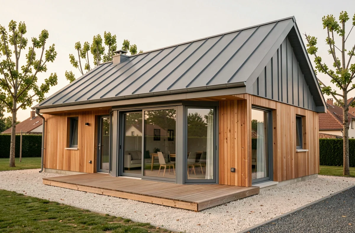 Maison bioclimatique avec bardage bois et toiture zinc, représentant Maisons Trecobat dans la région toulousaine