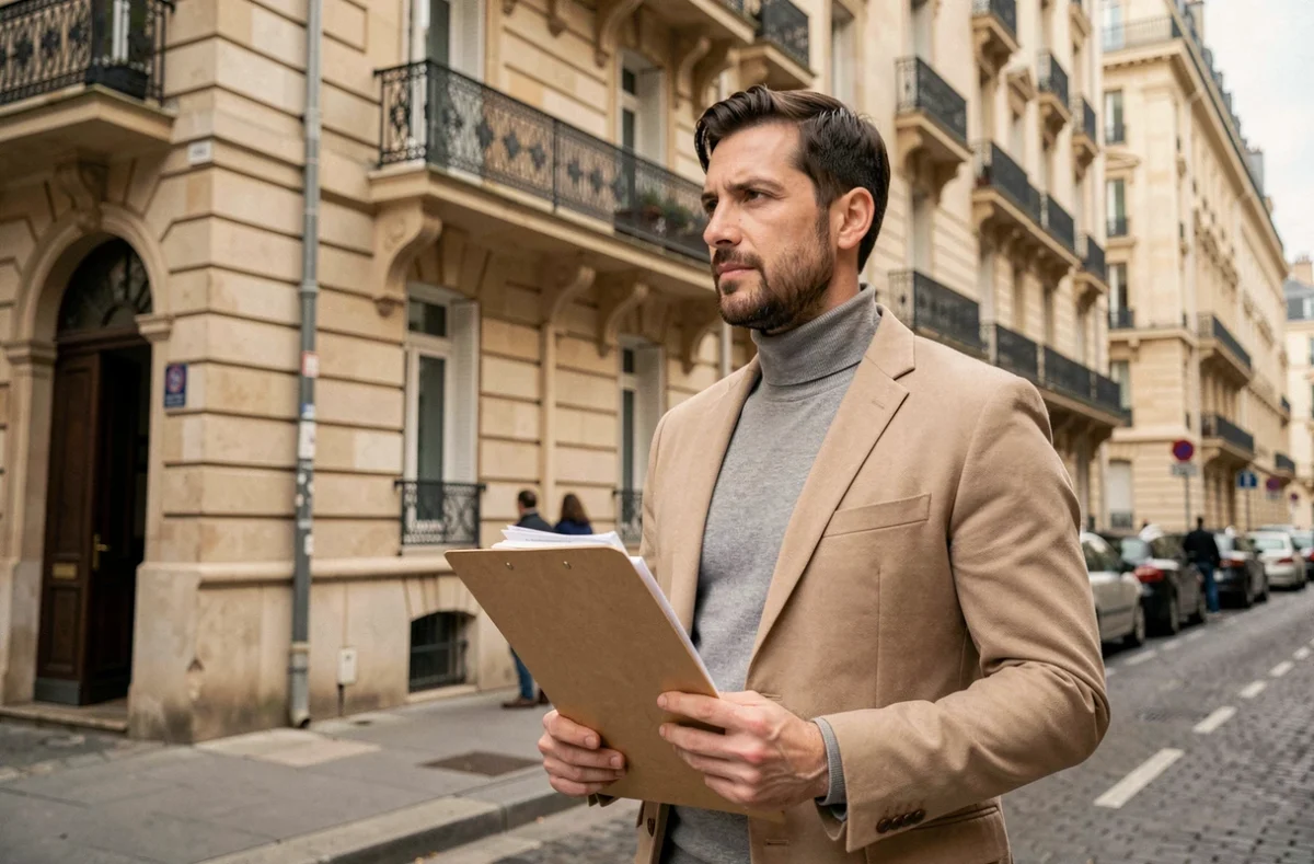 Marchand de biens tenant des actes notariaux devant un immeuble rénové dans un quartier parisien