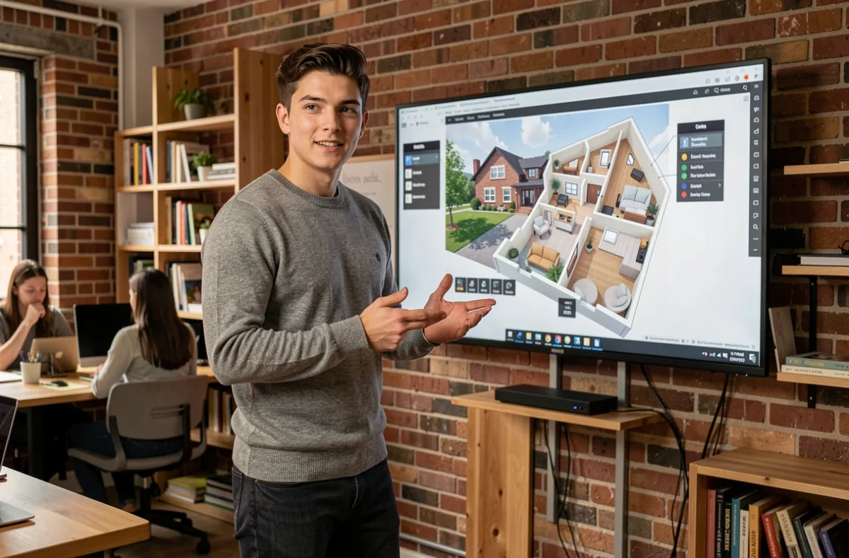 Professionnel du marketing digital présentant une visite virtuelle immobilière sur grand écran dans un espace de coworking