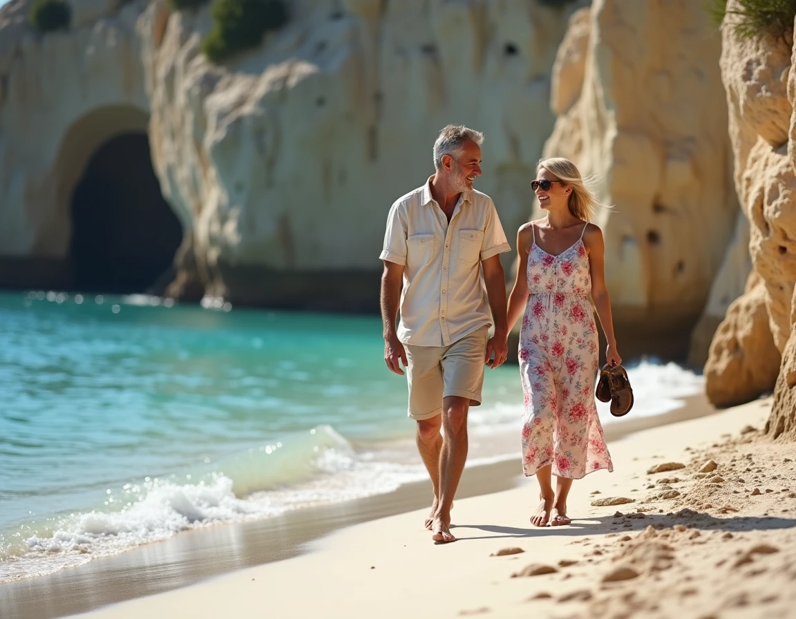 Couple se promenant pieds nus sur une petite plage naturelle dans les calanques du 16e arrondissement de Marseille