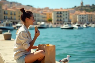 Jeune femme déjeunant sur un quai du quartier de L'Estaque à Marseille avec vue sur la mer Méditerranée et les bateaux de pêche