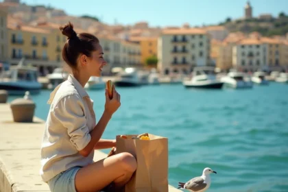Jeune femme déjeunant sur un quai du quartier de L'Estaque à Marseille avec vue sur la mer Méditerranée et les bateaux de pêche