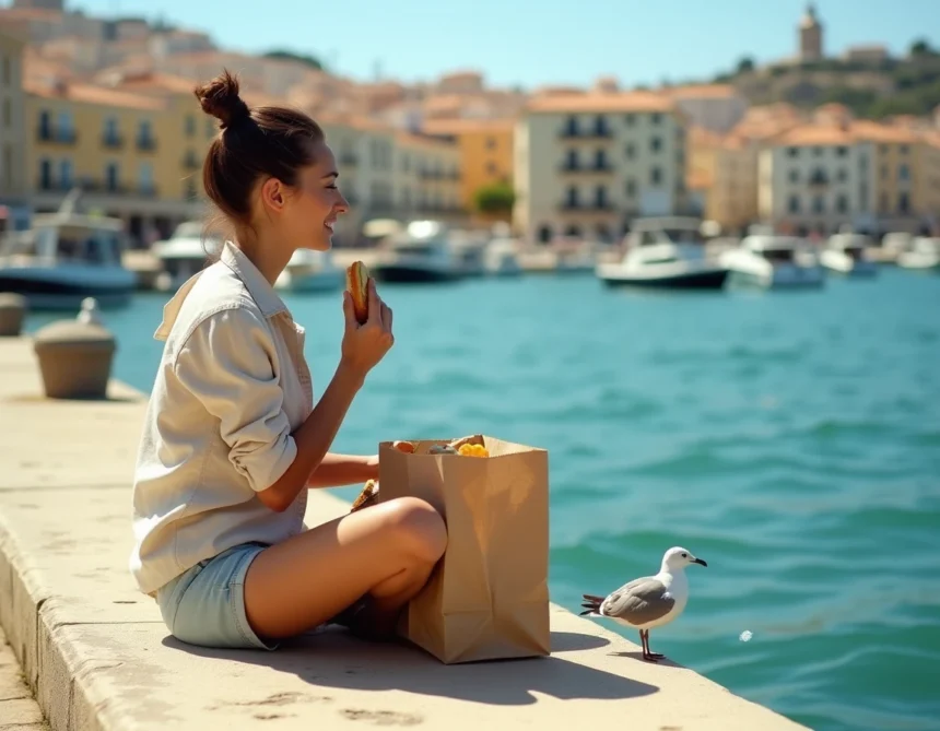 Jeune femme déjeunant sur un quai du quartier de L'Estaque à Marseille avec vue sur la mer Méditerranée et les bateaux de pêche
