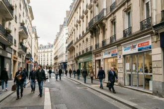Vue d'une rue animée de Seine-Saint-Denis avec des immeubles résidentiels et des vitrines d'agences immobilières