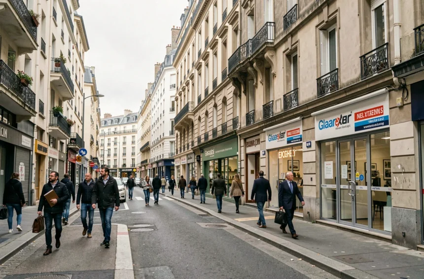 Vue d'une rue animée de Seine-Saint-Denis avec des immeubles résidentiels et des vitrines d'agences immobilières