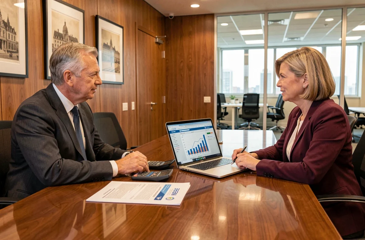 Deux professionnels négociant un bail commercial en consultant les indices ICC de l'INSEE