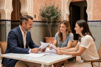 Agent immobilier marocain négociant le prix d'une villa à Marrakech avec des acheteurs européens autour de documents contractuels