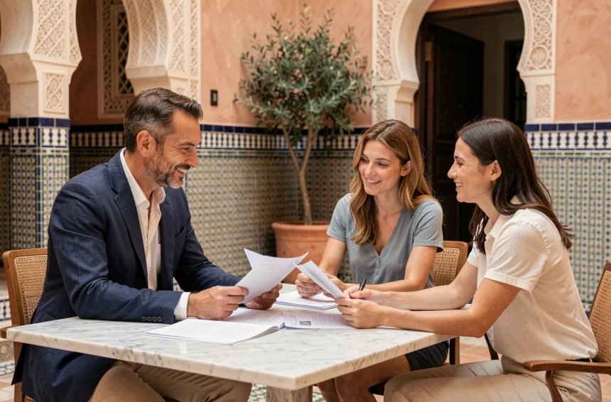 Agent immobilier marocain négociant le prix d'une villa à Marrakech avec des acheteurs européens autour de documents contractuels