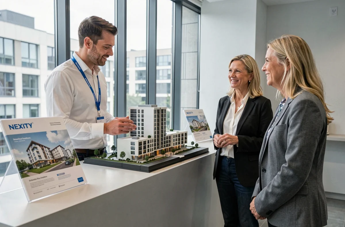 Conseiller Nexity présentant une maquette de programme immobilier neuf à des clients dans un espace de vente moderne