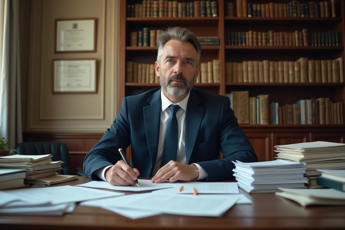 Notaire français examinant des documents de cession de maison abandonnée dans son bureau