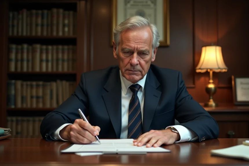Notaire en costume marine relisant attentivement un contrat d'achat de parcelle dans son bureau juridique