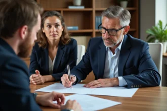 Notaire en costume examinant documents immobiliers avec un couple