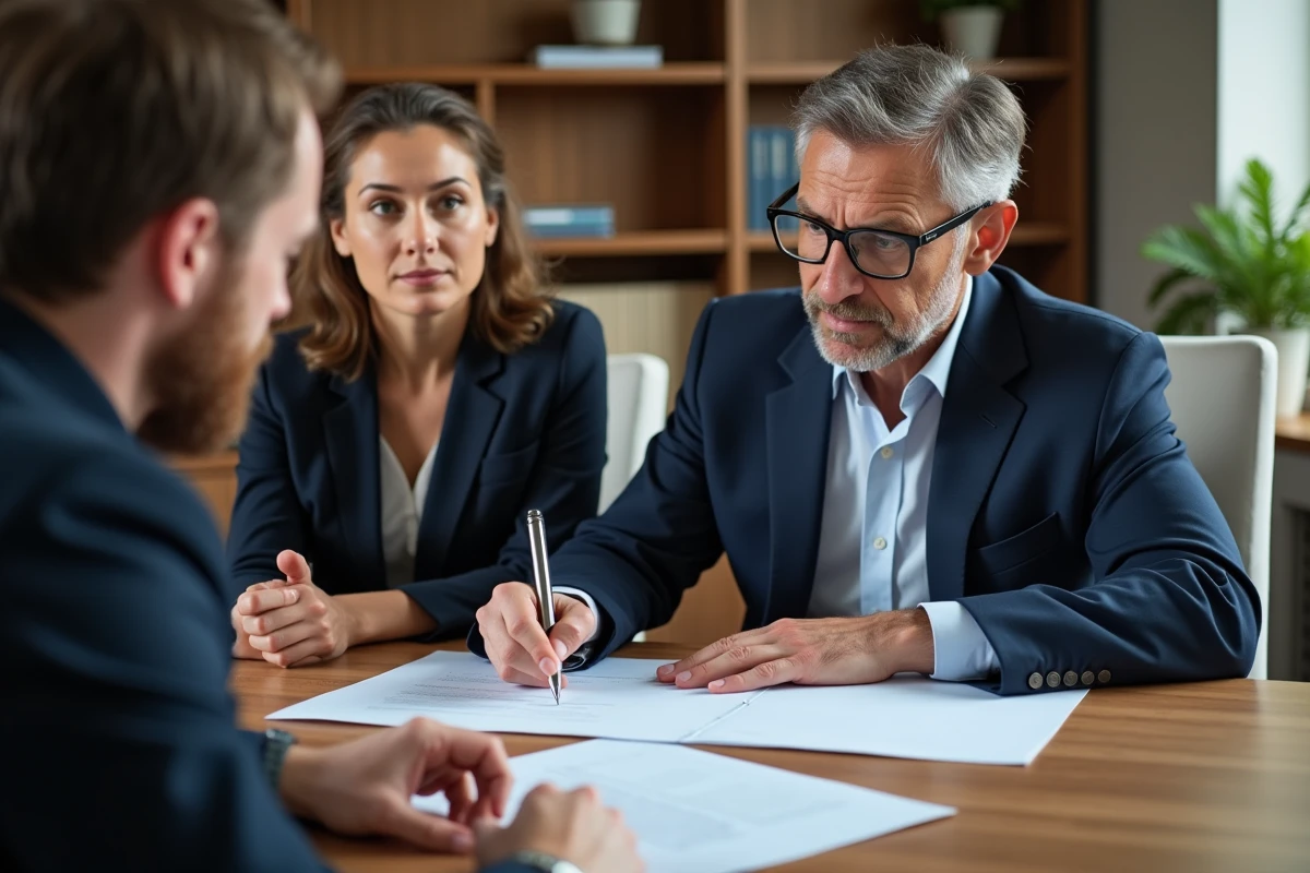 Notaire en costume examinant documents immobiliers avec un couple