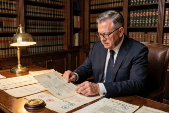 Notaire en costume marine examinant un document d'héritage officiel tamponné dans un bureau traditionnel à Limoges