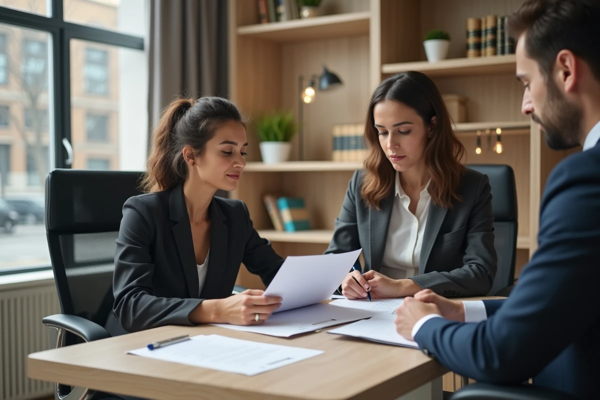 Femme en réunion avec un notaire dans un bureau moderne