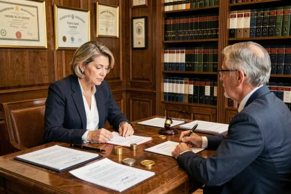 Notaire femme en costume marine signant des actes immobiliers avec un couple dans un bureau classique parisien en bois sombre