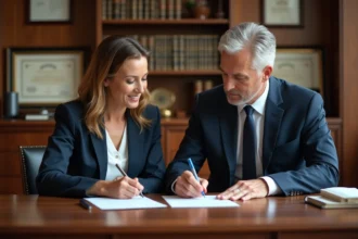Femme signant un document avec un notaire dans un bureau élégant