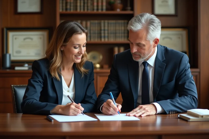Femme signant un document avec un notaire dans un bureau élégant