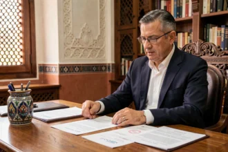 Notaire marocain examinant un contrat de vente d'appartement à Marrakech avec documents officiels sur bureau