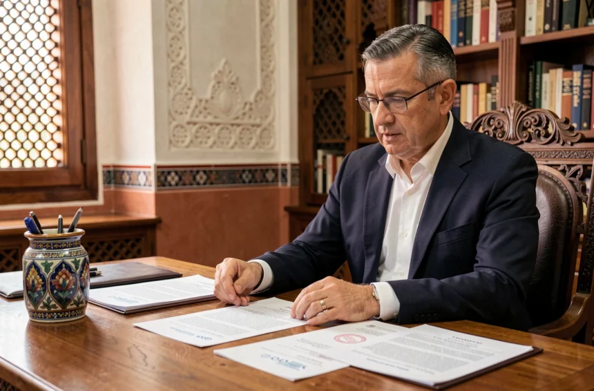 Notaire marocain examinant un contrat de vente d'appartement à Marrakech avec documents officiels sur bureau