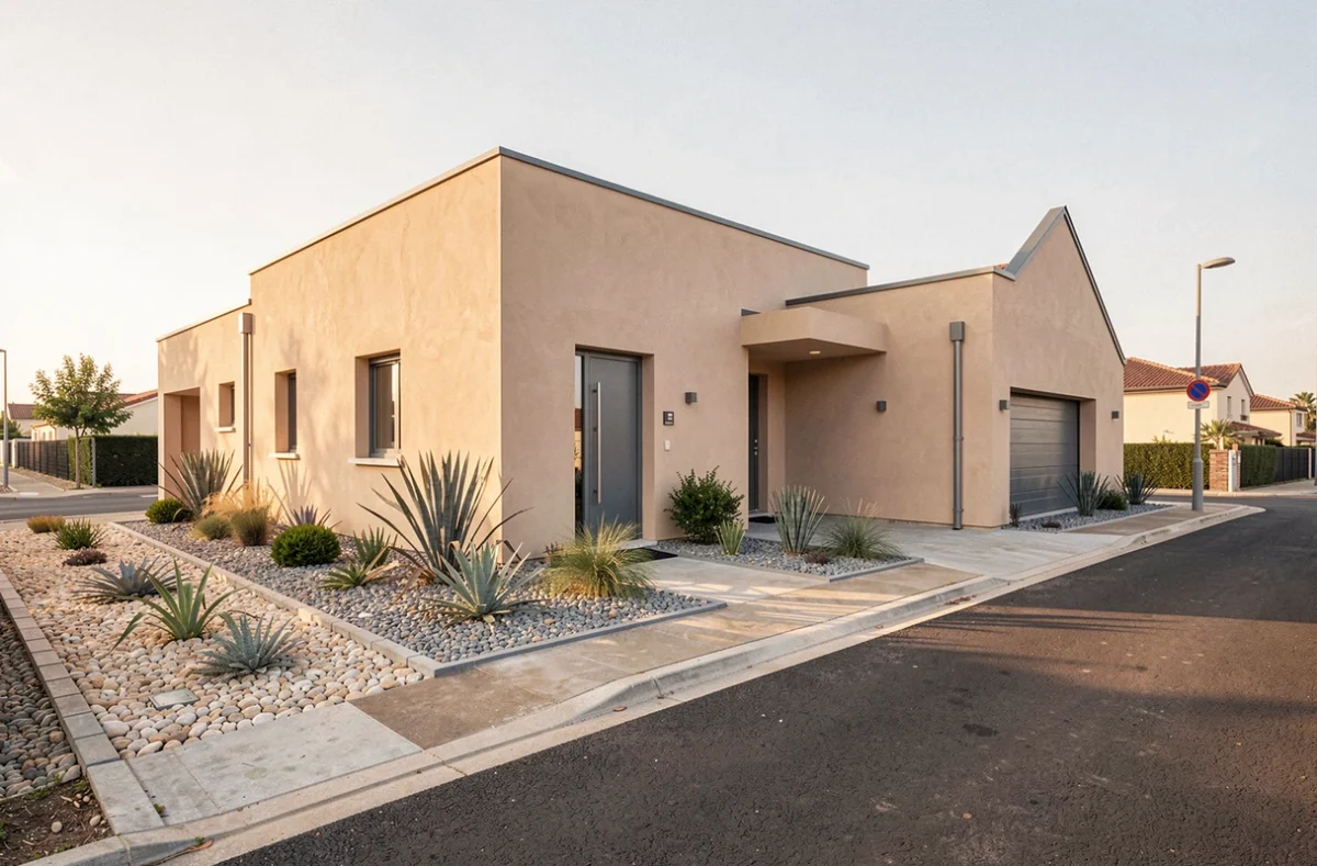 Maison haut de gamme à architecture mixte avec jardin d'entrée paysagé, représentant OC Résidences dans un lotissement premium au nord de Toulouse