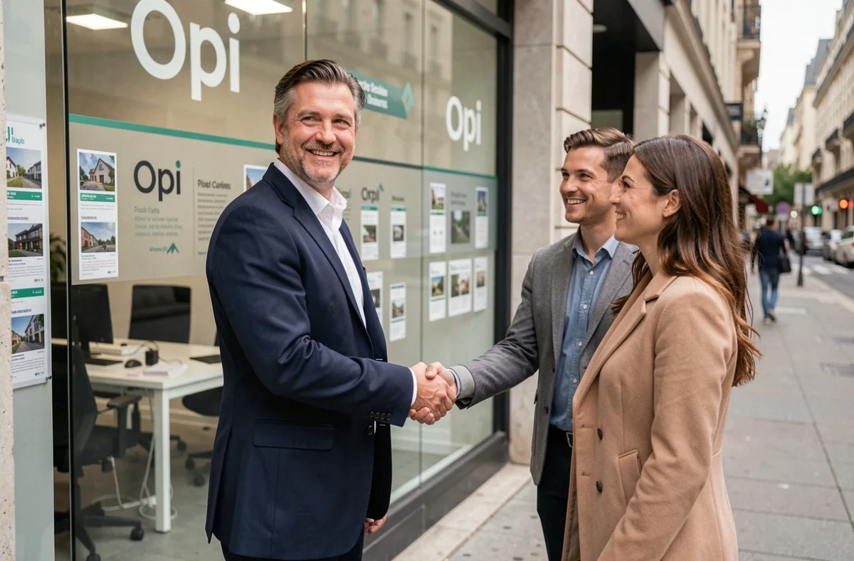 Agent immobilier Orpi accueillant des clients devant la vitrine de l'agence affichant des biens à vendre