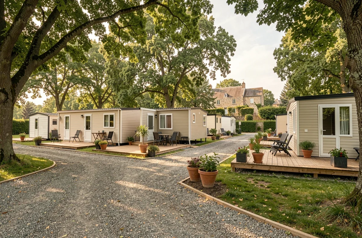 Vue panoramique d'un parc résidentiel de loisirs avec plusieurs mobil-homes en location saisonnière dans la campagne française, illustrant la conformité à la loi ALUR 2026
