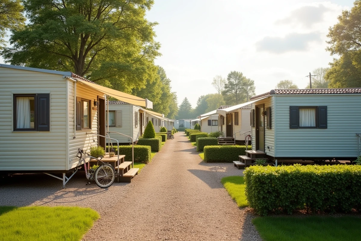 Vue d'ensemble d'un camping ou parc résidentiel de loisirs avec caravanes installées à l'année sur des emplacements individuels en gravier en France