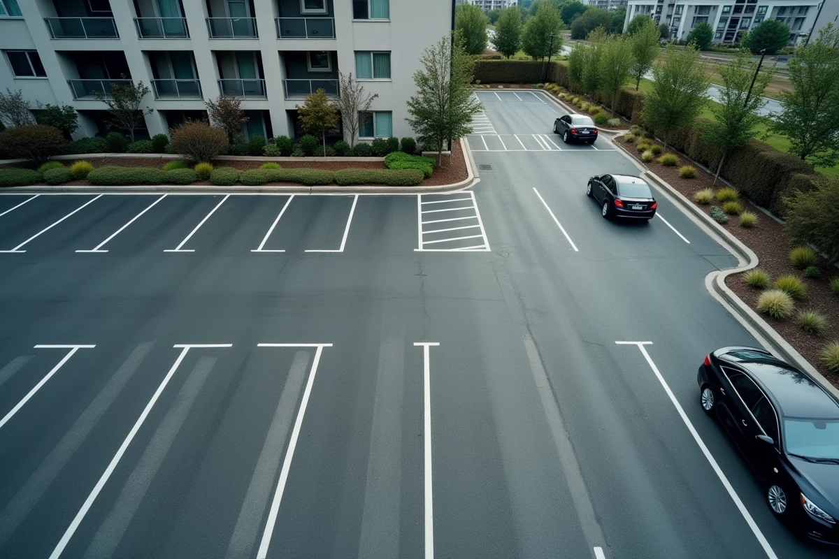 Vue aérienne d'un parking extérieur d'immeuble résidentiel avec places délimitées aux dimensions standard et marquages au sol réglementaires