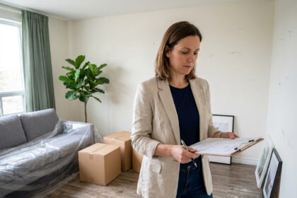 Propriétaire tenant un dossier de diagnostics immobiliers dans un appartement en cours d'ameublement lors du passage de location nue à meublée